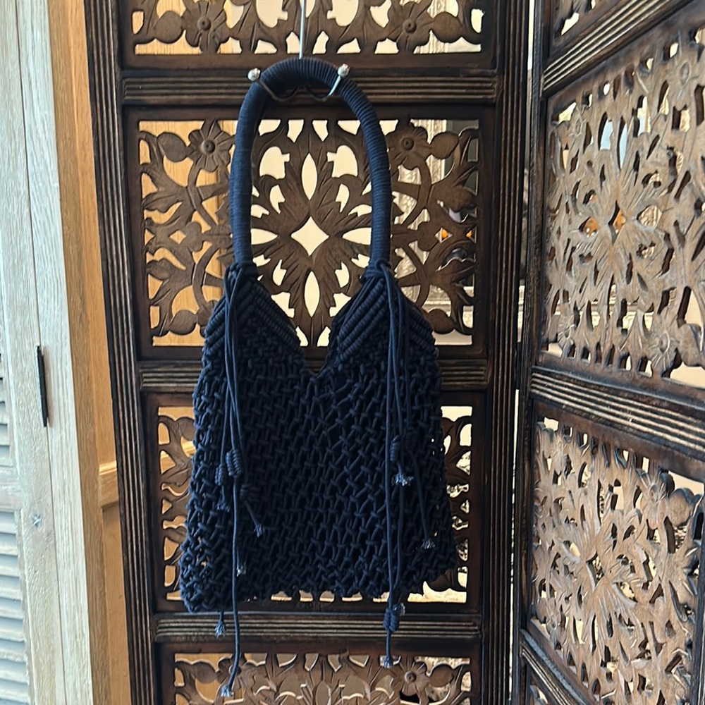 Area Stars Black Woven Boho Macrame Shoulder Bag  / Purse with Tassel Fringe.